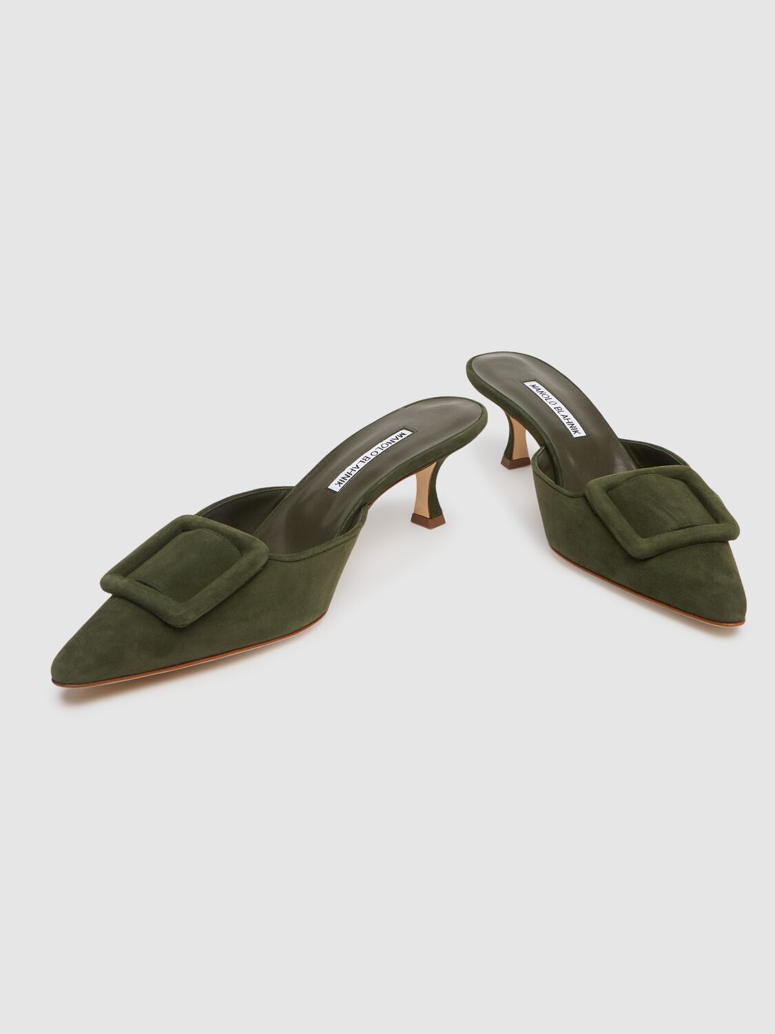 Pre-owned Manolo Blahnik Maysale $795 Dark Green Suede 50mm Mules And Authentic