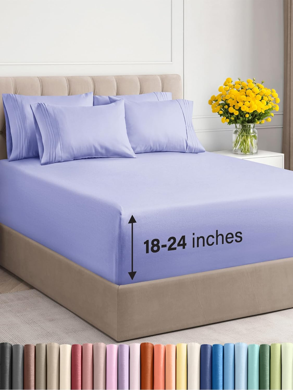 Extra Deep Queen Sheet Set - 6 Piece Breathable & Cooling Sheets - Hotel Luxury Bedding Set with 18-24 Inch Extra Deep Pockets - Easy Fit - Super Soft, Wrinkle Free and Comfy - Lavender, Queen Size