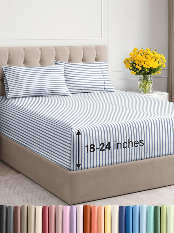 Extra Deep Twin XL Sheet Set - 4 Piece Breathable & Cooling Sheets - Hotel Luxury Bedding Set 18-24 Inch Extra Deep Pockets - Easy Fit, Super Soft, Wrinkle Free & Comfy - Blue Stripes, Twin XL Size