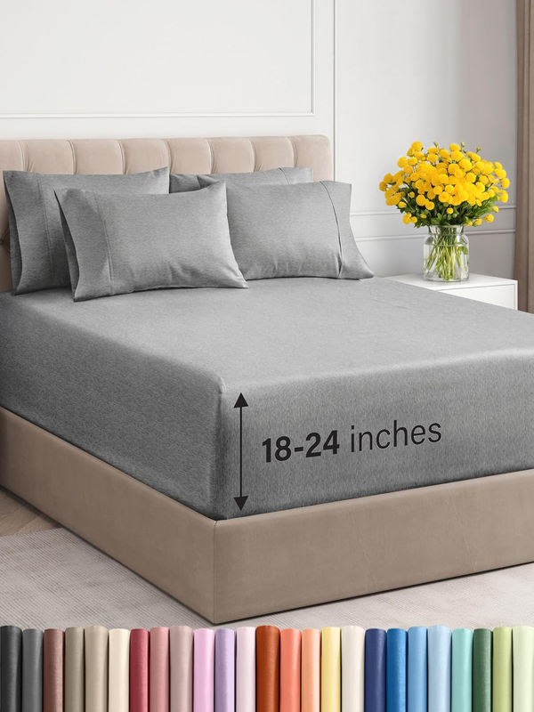 Extra Deep Queen Sheet Set - 6 Piece Breathable & Cooling Sheets - Hotel Luxury Bedding Set W/18-24 Inch Extra Deep Pockets - Easy Fit - Super Soft, Wrinkle Free & Comfy - Heathered Grey, Queen Size