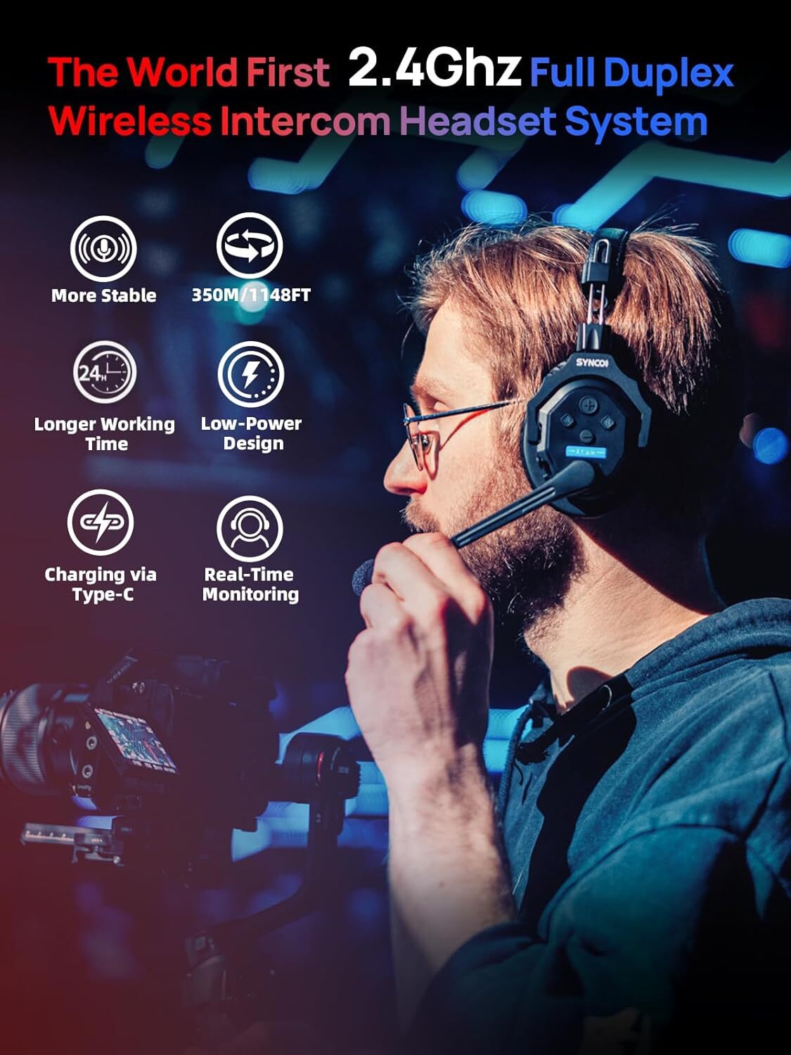 SYNCO XTALK Wireless Intercom Headset System 350M/1148FT Real-time Monitoring