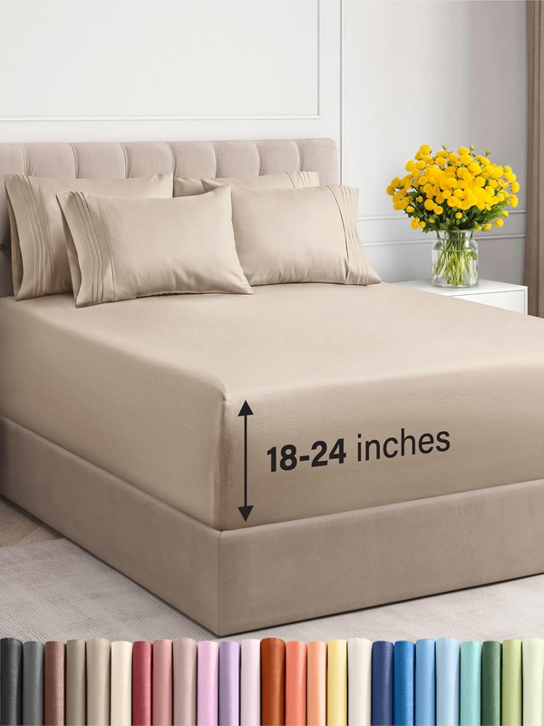 Extra Deep King Sheet Set - 6 Piece Breathable & Cooling Sheets - Hotel Luxury Bedding Set W/18-24 Inch Extra Deep Pockets - Easy & Secure Fit - Super Soft, Wrinkle Free and Comfy - Wheat, King Size