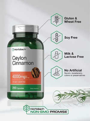 Ceylon Cinnamon Capsules 4000mg | 250 Count | Non-GMO, Gluten Free | by Horbaach