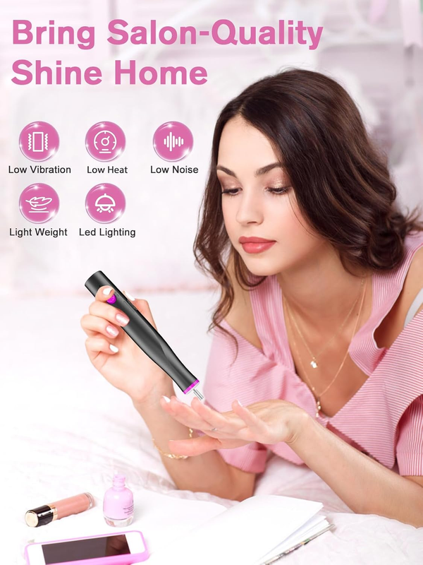 Cordless Nail Drill, Portable Electric Nail File with LED Light for Acrylic Gel