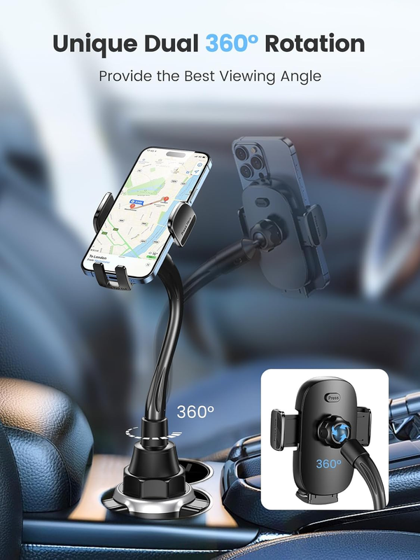 Car Phone Holder, Dual 360° Rotate Gooseneck Cup Holder Phone Mount for Car, Fle