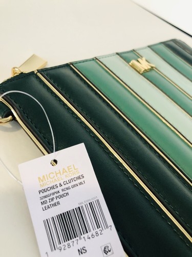 MICHAEL Kors Quilted Leather Medium Tricolor Zip Pouch Wristlet Clutch Green New