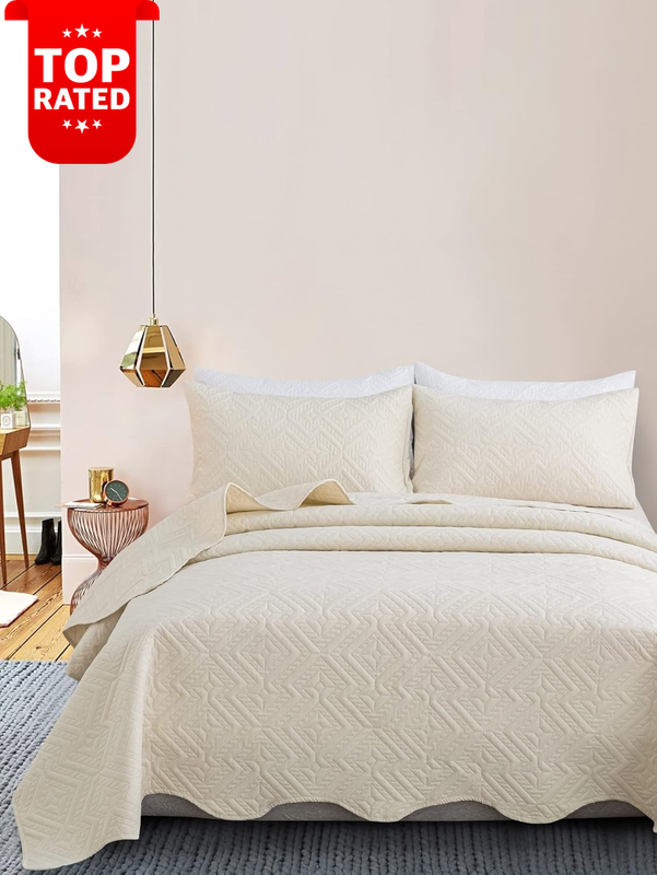 3 Piece Sand Beige Coverlet Set Lightweight Geometric Quilt All Seasons Twin