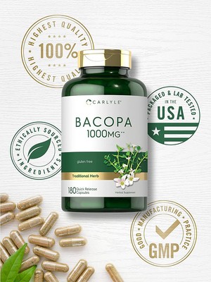 Bacopa Monnieri Capsules 1000mg | 180 Capsules | Gluten Free | by Carlyle