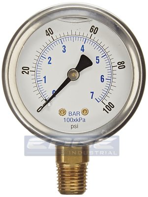 LIQUID FILLED PRESSURE GAUGE 0-100 PSI, 2.5'' FACE, 1/4'' NPT LOWER MOUNT WOG