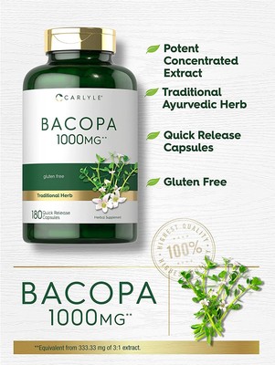 Bacopa Monnieri Capsules 1000mg | 180 Capsules | Gluten Free | by Carlyle