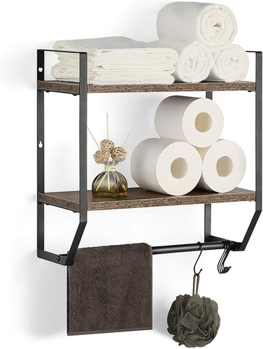 2-Tier Bathroom Shelf Organizer Towel Storage Rack Over Toilet w/ Hook Wood Rack