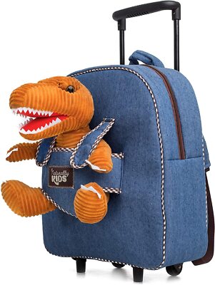 Kids Rolling Trolley Bag With Brown T-Rex Stuffed Animal Naturally KIDS
