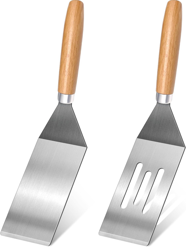 2-Piece Small Stainless Steel Spatula Set with Wooden Handles, Ideal for Flippin