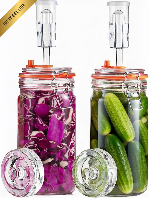 1L Glass Fermentation Jar Set of 2 with Weights & Fermentation Lid | Clamp Lid,
