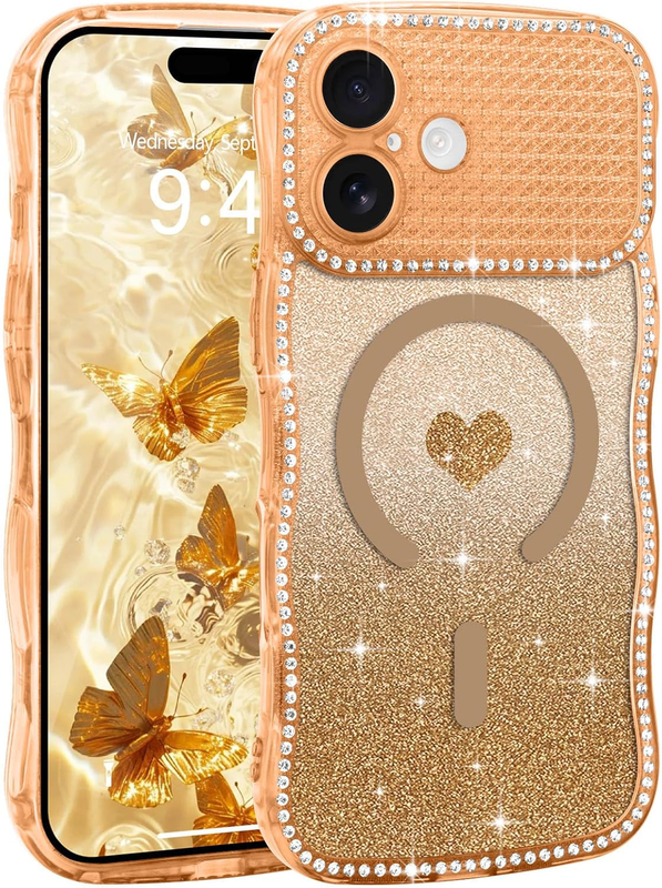 Magnetic for Iphone 16 plus Case Glitter Wavy Girly, Brown | [Compatible with Ma