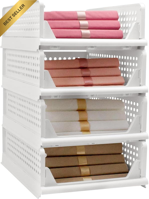 Stackable Foldable Storage Baskets - Plastic Collapsible Organizer Bins for Clos