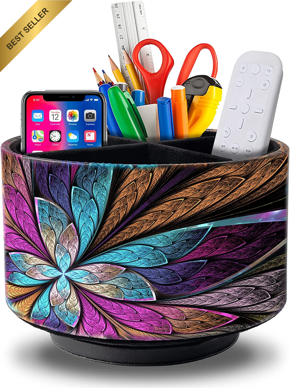 Round PU Leather Remote Holder 4 Slot 360° Spinning Desk Organizer Storage Box