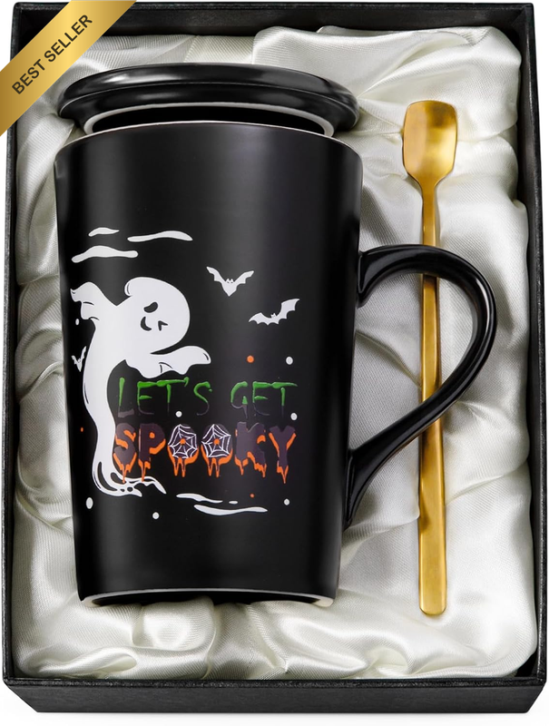 Halloween Coffee Mug Gift for Men Women, 14Oz Black Matte Ceramic Mug