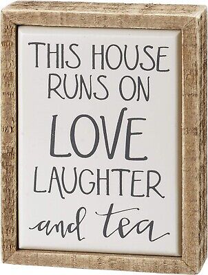 Love Laughter and Tea Primitive by Kathy Wood Enamel Mini Sign 3 in x 4 in