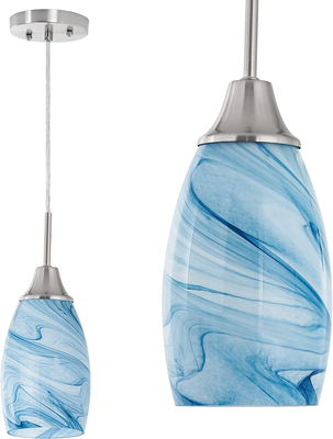Mini Glass Pendant Light with Handblown Blue Marble Art Glass