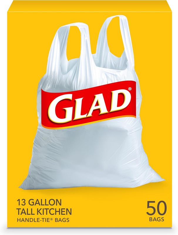 Glad Tall Kitchen Trash Bags 13 Gallon, Unscented Garbage Bags, Handle-Tie, 50 C