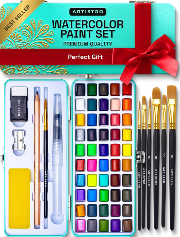 Watercolor Paint Set, 48 Vivid Colors in Portable Box, Including Metallic and Fl