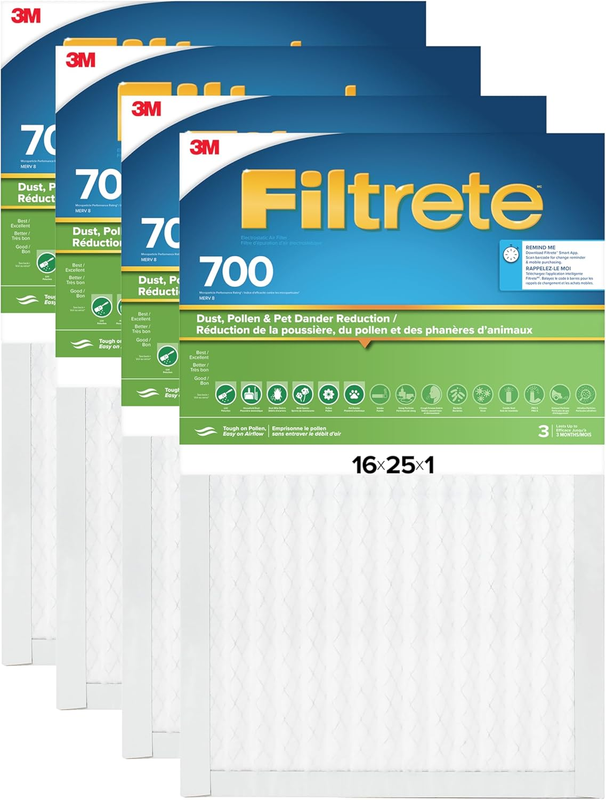 16x25x1 AC Furnace Air Filter, MPR 700, MERV 8, Tough on Pollen, Easy on Airflow