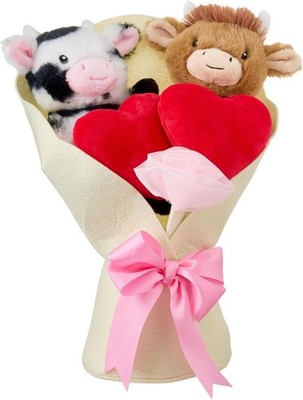 Highland Cow Valentines Day Plush Gift, Hearts and Pink Bow Highland Cow Bouquet