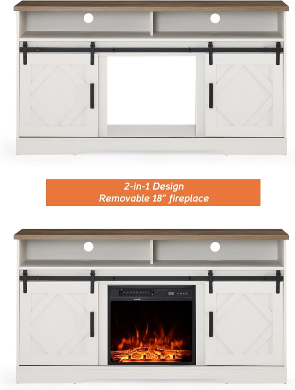 Fireplace TV Stand for Tvs up to 65 Inch, Farmhouse Wood Electric Fireplace Ente