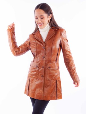 Pre-owned Scully Womens Button Front 70s Cognac Leather Leather Jacket In Brown