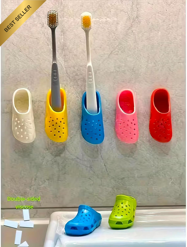 Cute Slipper-Shaped Wall-Mounted Toothbrush Holder,No-Drill Plastic Bathroom Sto