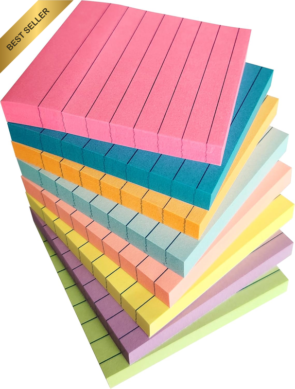 8 Pads Lined Sticky Notes 76 * 76Mm,8 Bright Colors Ruled Sticky Tabs,Super Self