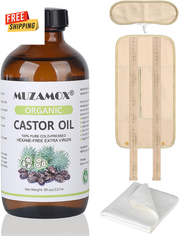 Organic Cold Pressed Castor Oil in Glass Bottle with Castor Oil Pack Wrap and Or