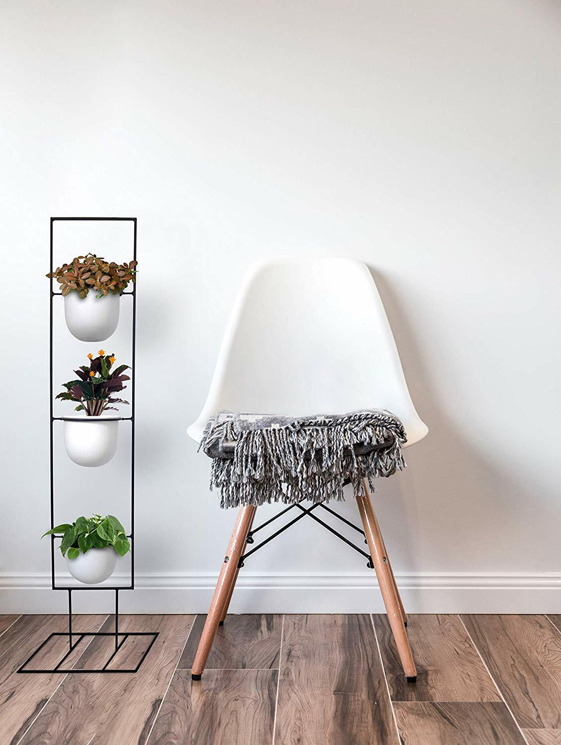 Indoor Metal Vertical Plant Stand with 3 White Ceramic Pots | Iron Flower Pot Ho