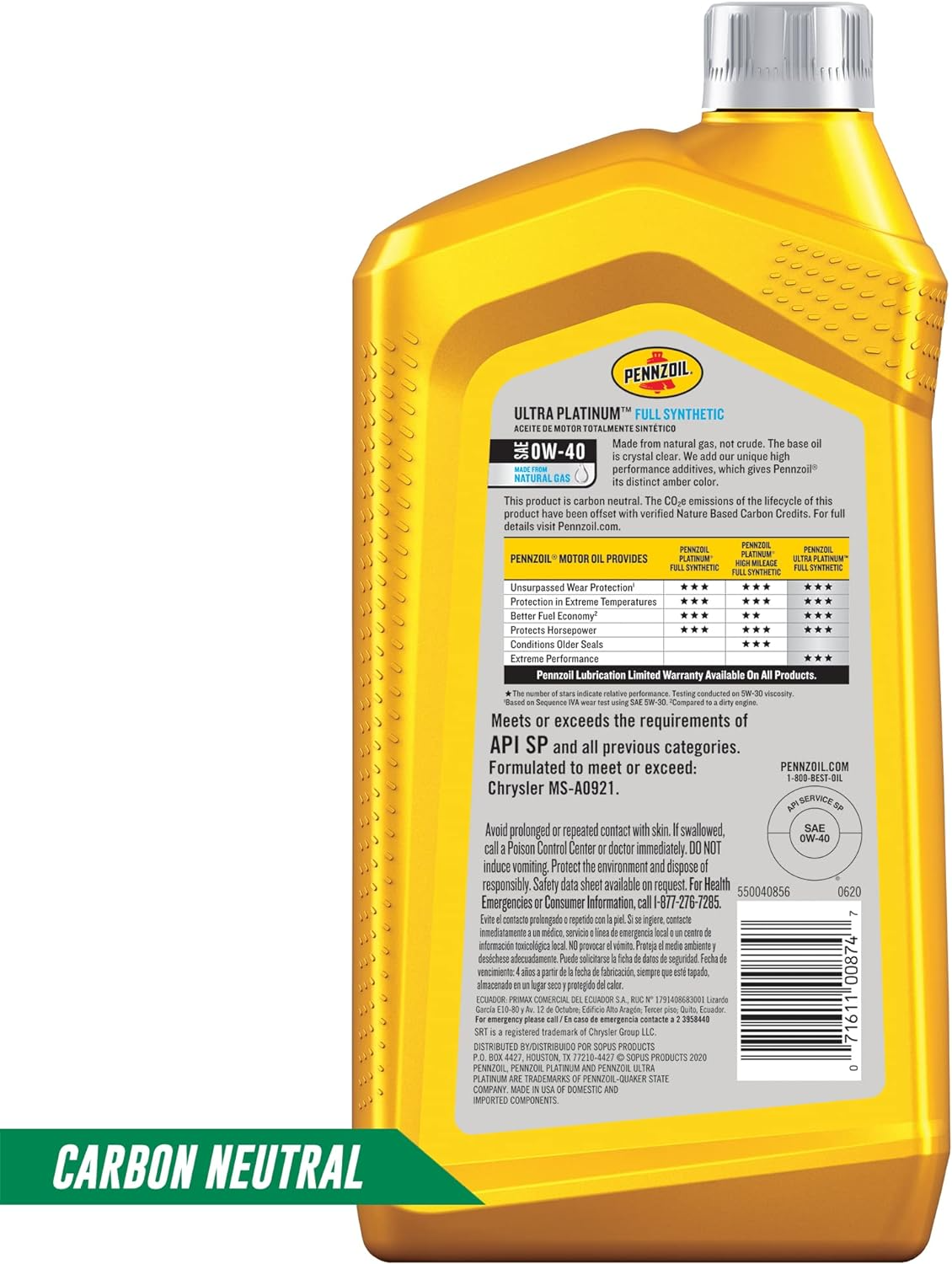 Pennzoil Ultra Platinum Full Synthetic 0W-40 Motor Oil (1 Quart, Case of 6)