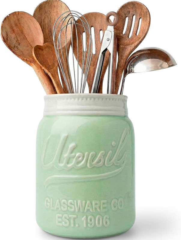 Wide Mouth Mason Jar Utensil Holder Decorative Kitchenware Organizer Crock, Chip