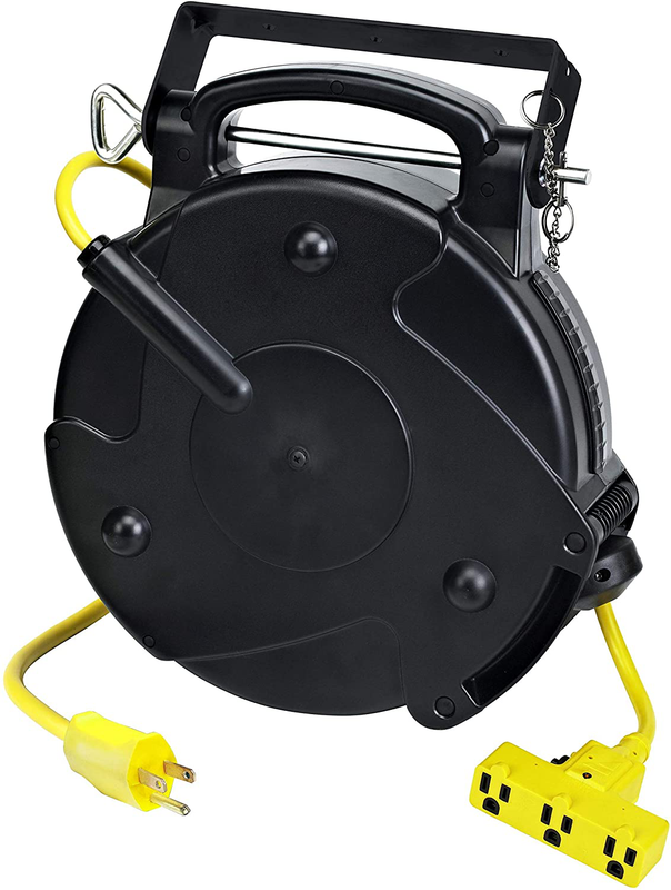 Heavy Duty Retractable Extension Cord Reel with Tri Tap Circuit Breaker 50 Feet