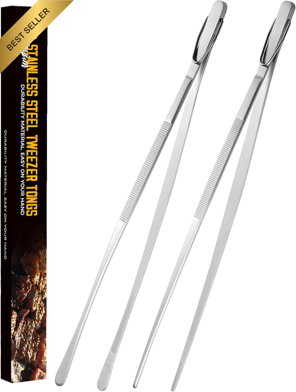 Kitchen Tweezers 2-Pack, Stainless Steel Tongs with Fine & Broad Heads - 304 Foo