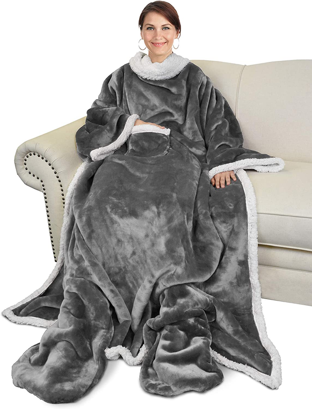 Catalonia Sherpa Wearable Blanket with Sleeves & Foot Pockets for Adult Women Me