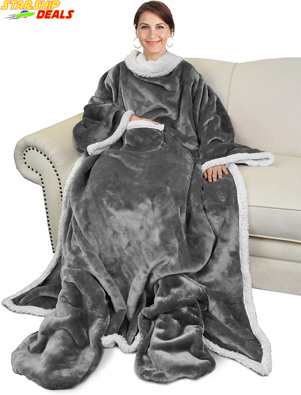 Sherpa Wearable Blanket with Sleeves & Foot Pockets for Adult Women Men, Comfy S