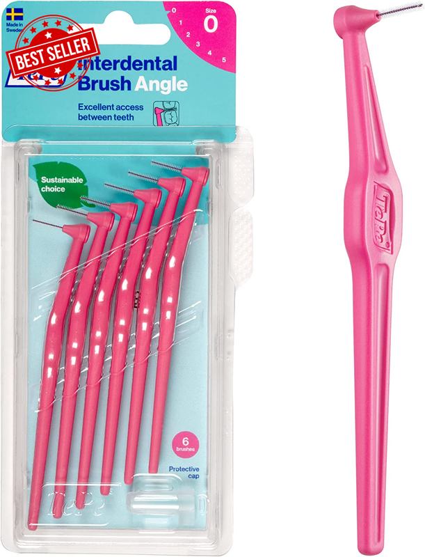 Interdental Brush Angle - Pink, 0.4mm (ISO 0), 6-Pack, Plaque Remover for Narrow