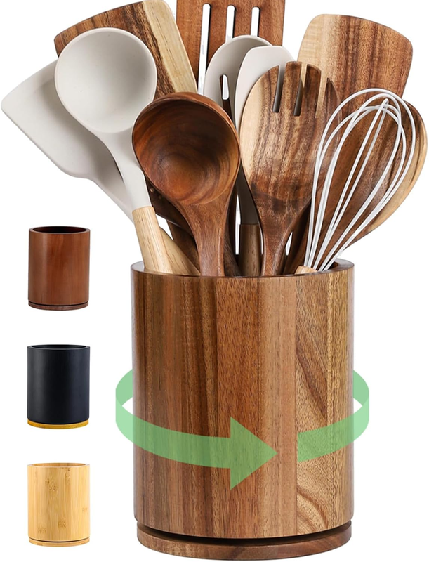 Wooden Utensil Holder, 360°Rotating 7.3'' Large Utensil Holder for Kitchen Count