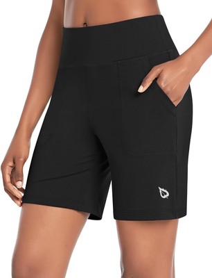 BALEAF Bermuda Shorts for Women High Waisted 7'' Athletic Long Large, Black 