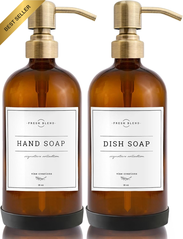 2 Pk Amber Glass Soap Dispenser 16 Oz Stainless Pump Brushed Brass