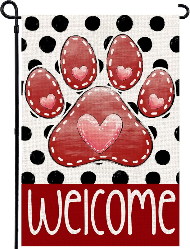Valentines Garden Flag 12x18 in Paw Print Heart Double Sided Yard Wedding Decor
