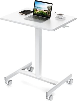 White Small Standing Portable Rolling Laptop Sit Mobile Desk with Lockable Wheel