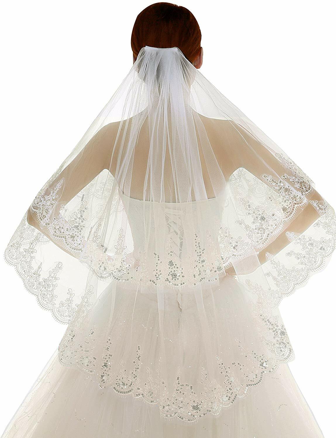 Bridal Veil Sequins Luxury Veil Appliques Lace Edge Long Wedding Veils