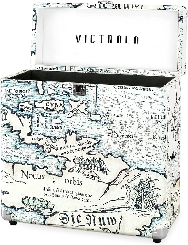 Victrola Vintage Vinyl Record Storage Carrying Case for 30+ Records Retro Map