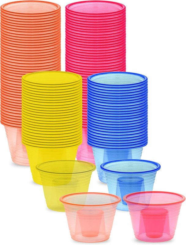 Party Bomber Cups, 100 Pcs Assorted Neon Colors, Disposable Plastic, 1 Oz Inner/