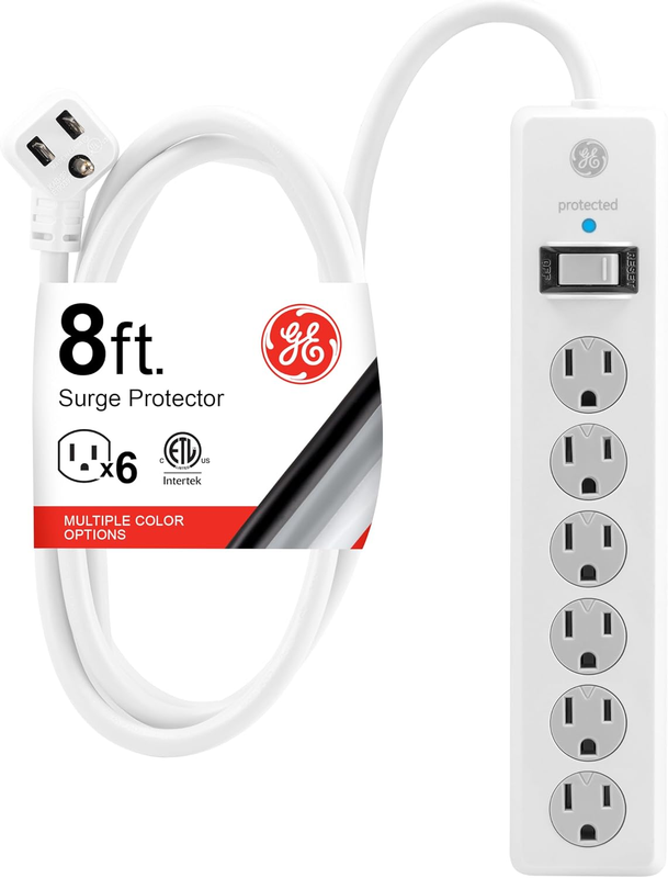 GE Surge Protector Power Strip, 8 Ft Extension Cord, 6 Outlet Extender, 800 Joul